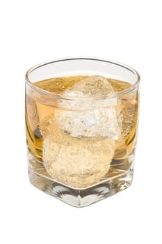 Scotch and water on the rocks on white background