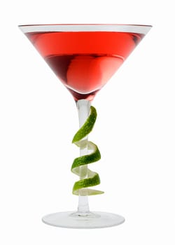 Cosmopolitan mixed drink with lime twist on a white background