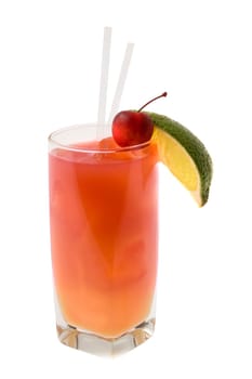 Seabreeze mixed drink with lime and cherry garnish on white background