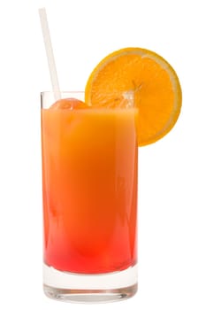 Sex on the Beach mixed drink with orange garnish on white background