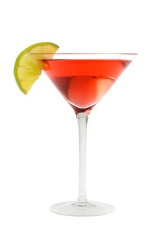 Cosmopolitan mixed drink with lime wedge on a white background