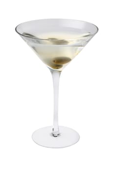 Dirty Martini mixed drink with olive garnish close up on a white background