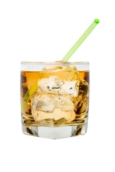 Scotch and water on the rocks on white background