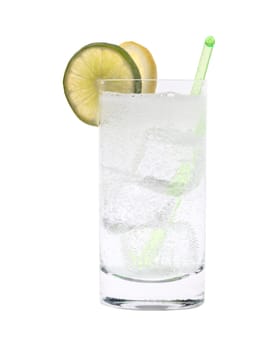 Vodka or Gin & Tonic mixed drink with lemon/line slice garnish on white background