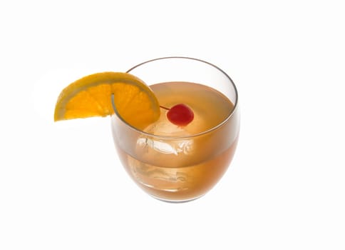 Whiskey Sour mixed drink with cherry and orange slice on white background