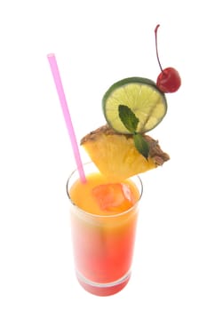 Tequilia Sunrise mixed drink with fruit garnish on white background