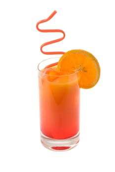 Sex on the Beach mixed drink with orange garnish on white background
