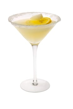 Lemon Drop mixed drink with lemon slice garnish and sugar cube on a white background
