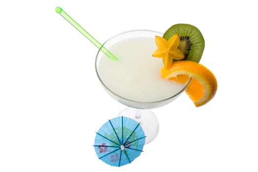 Pina Colada mixed drink with exotic fruit garnish on white background