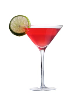 Cosmopolitan mixed drink with lime slice on white background close up