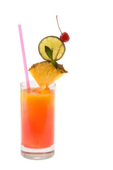 Tequilia Sunrise mixed drink with fruit garnish on white background