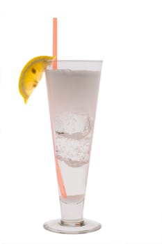 Vodka Seven mixed drink with lemon slice garnish on white background