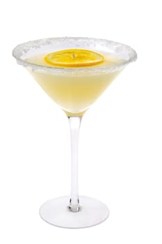 Lemon Drop mixed drink with lemon slice garnish on a white background
