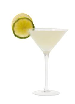 Lemon Drop mixed drink with lemon and lime slice garnish on a white background