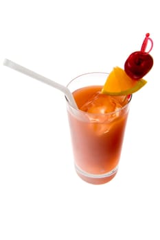 Bay Breeze mixed drink with cherry and orange garnish on white background