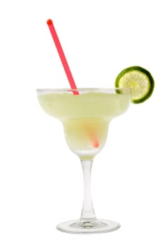 Margarita mixed drink with lime slice garnish on white backgound