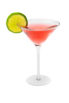 Cosmopolitan mixed drink with lime slice on a white background