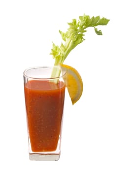 Bloody Mary mixed drink with celery and lemon garnish on white background