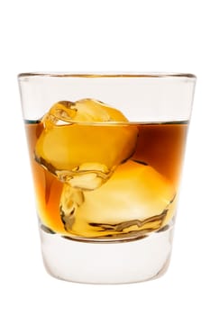 Whiskey on the rocks in an empty old fashioned glass on a white background