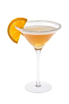 Sidecar mixed drink with orange slice garnish on white background
