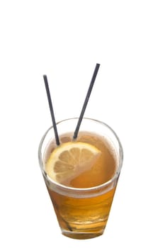Long Island Ice Tea mixed drink with lemon slice on white background