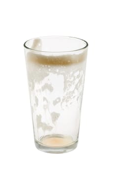 Empty pint glass with foam on white background