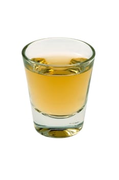 Whiskey neat in shot glass on white background