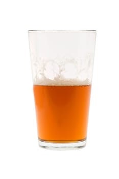 Pint of beer, ale, lager on white background half empty