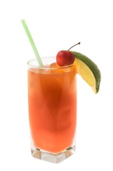 Seabreeze mixed drink with lime and cherry garnish on white background