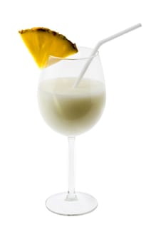 Pina Colada mixed drink with umbrella garnish on white background