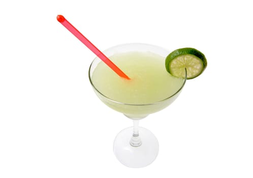 Margarita mixed drink with lime slice garnish on white backgound