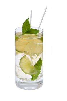 Mojito mixed drink with mint garnish on a white background