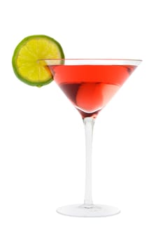 Cosmopolitan mixed drink with lime slice on a white background