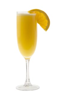 Mimosa mixed drink with orange slice garnish on a white background