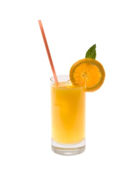 Screwdriver mixed drink with orange slice garnish on white background