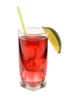 Cape Codder mixed drink with lime wedge on white background