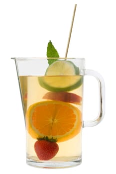 White wine sangria with fruit Sangria in a pitcher on a white background