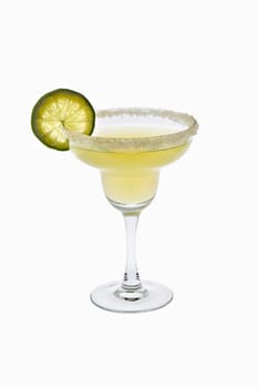 Margarita mixed drink with salted rim and lime slice garnish on a white background