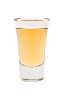 Whiskey neat in shot glass on white background