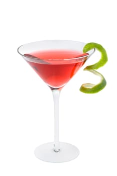 Cosmopolitan mixed drink with lime twist on a white background