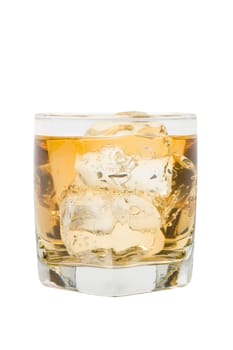 Scotch and water on the rocks on white background