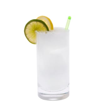 Vodka or Gin & Tonic mixed drink with lemon/line slice garnish on white background