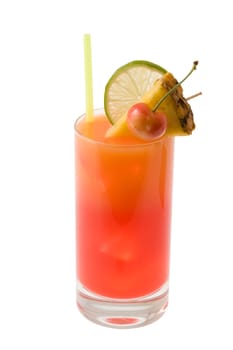 Mai Tai mixed drink with fruit garnish on white background