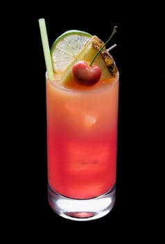 Mai Tai mixed drink with fruit garnish on a plain black background with