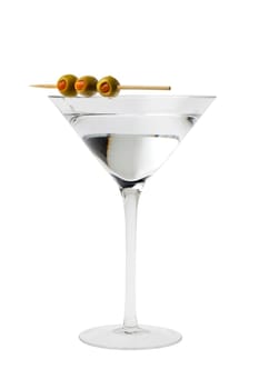 Martini mixed drink with olive garnish on a white background close up