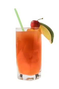 Seabreeze mixed drink with lime and cherry garnish on white background