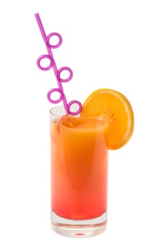 Sex on the Beach mixed drink with orange garnish on white background