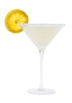 Lemon Drop mixed drink with lemon slice garnish on a white background