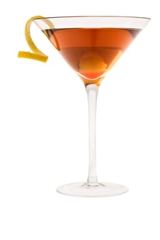 Dry Manhattan Cocktail with lemon peel on white background