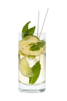 Mojito mixed drink with mint garnish on a white background